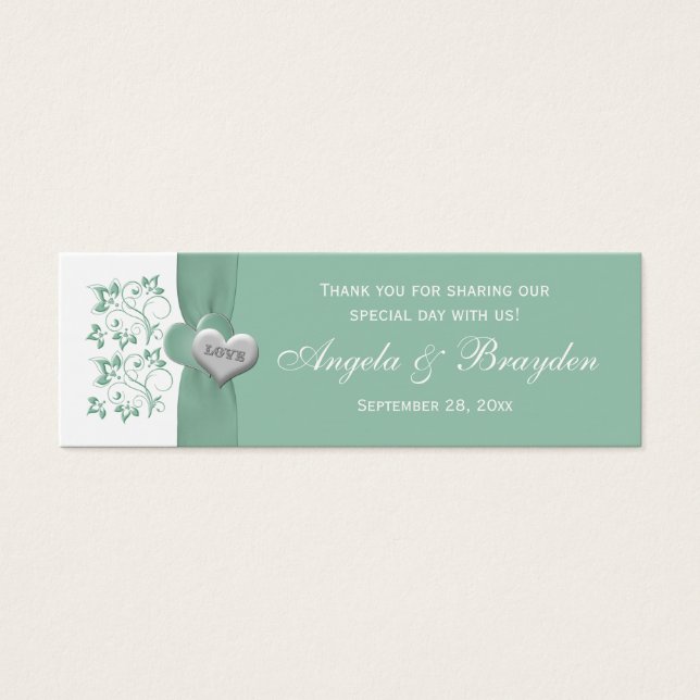 Mint, White Floral Hearts Wedding Favour Tag (Front)