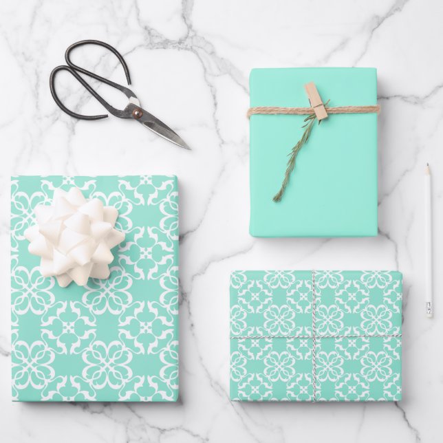 Mint & White Floral Lattice Pattern Wrapping Paper Sheet (Front)