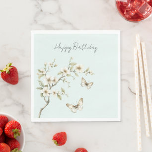 Mint White Flowers Butterflies Birthday Napkin