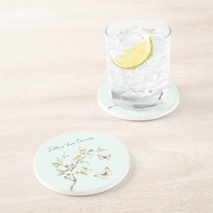 Mint White Flowers Butterflies Coaster
