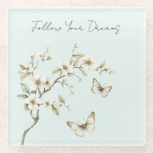Mint White Flowers Butterflies Glass Coaster