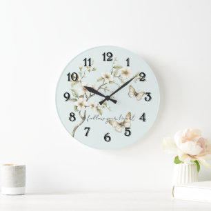 Mint White Flowers Butterflies  Large Clock