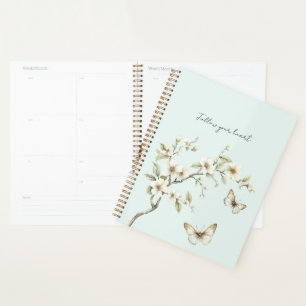 Mint White Flowers Butterflies Planner
