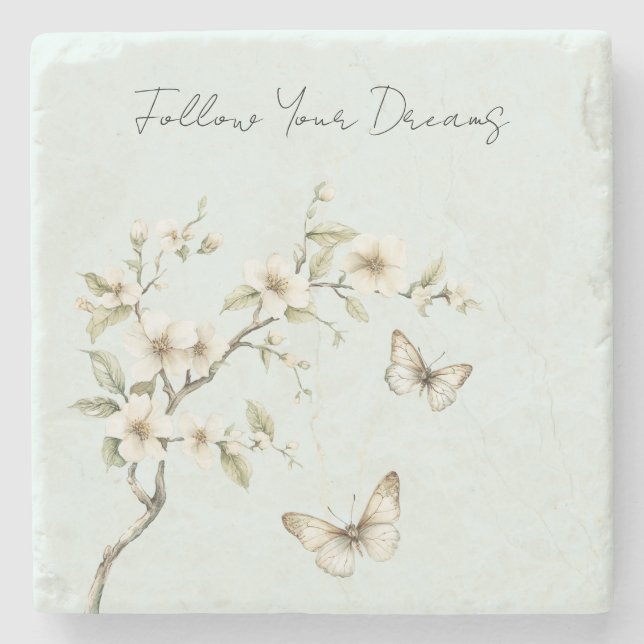 Mint White Flowers Butterflies   Stone Coaster (Front)