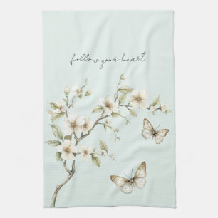 Mint White Flowers Butterflies  Tea Towel