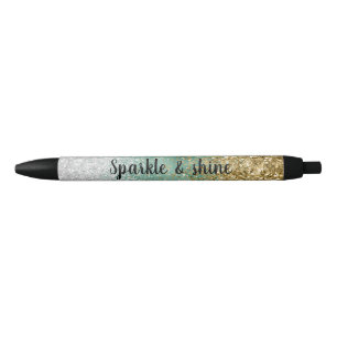 Mint White Glam Gold Sparkle Glitter Black Ink Pen