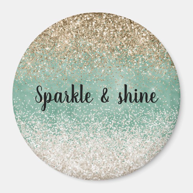 Mint White Glam Gold Sparkle Glitter Magnet (Front)