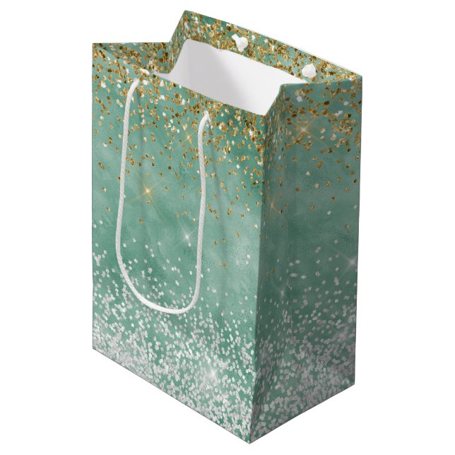 Mint White Glam Gold Sparkle Glitter Medium Gift Bag (Front Angled)