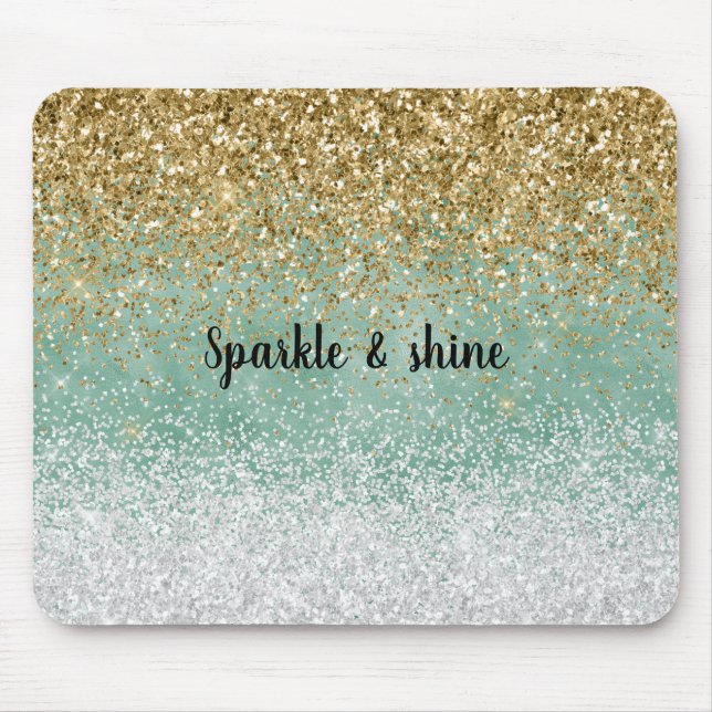 Mint White Glam Gold Sparkle Glitter Mouse Mat (Front)
