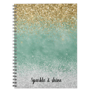 Mint White Glam Gold Sparkle Glitter Notebook