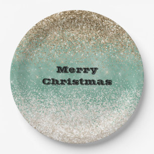 Mint White Glam Gold Sparkle Glitter Paper Plate