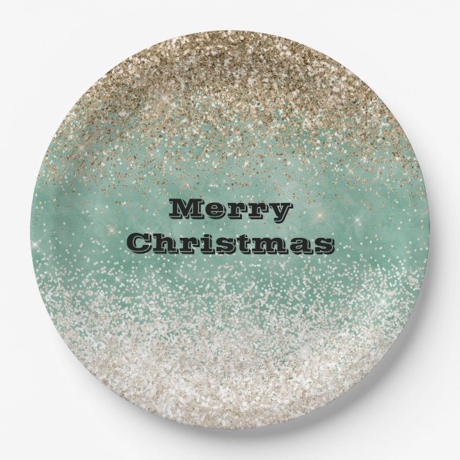 Mint White Glam Gold Sparkle Glitter Paper Plate (Front)