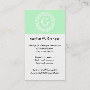 Mint White Greek Key Rnd Frame Initial Monogram Business Card