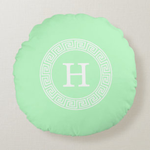 Mint White Greek Key Rnd Frame Initial Monogram Round Cushion