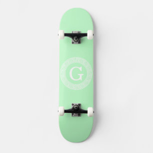 Mint White Greek Key Rnd Frame Initial Monogram Skateboard