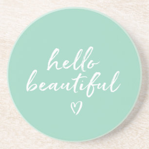 Mint White Hello Beautiful Inspirational Heart Coaster