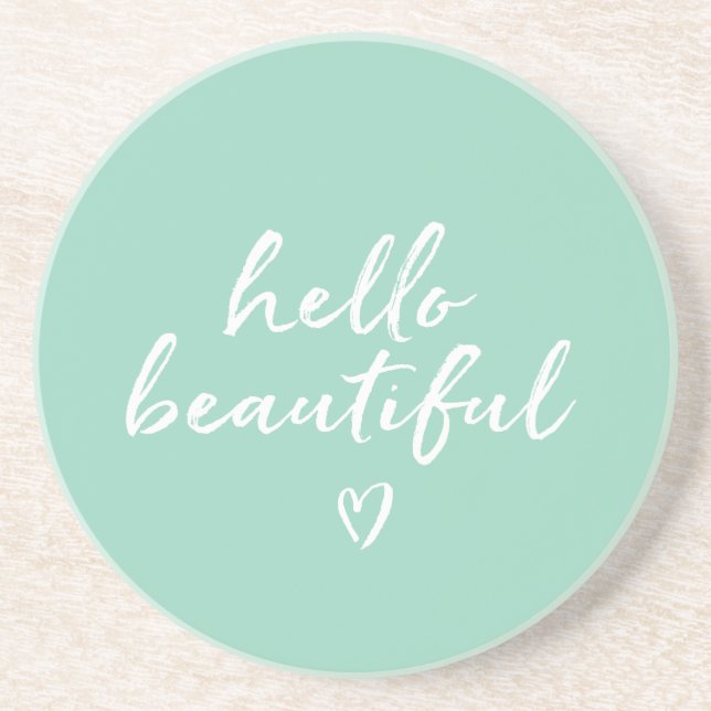 Mint White Hello Beautiful Inspirational Heart Coaster (Front)