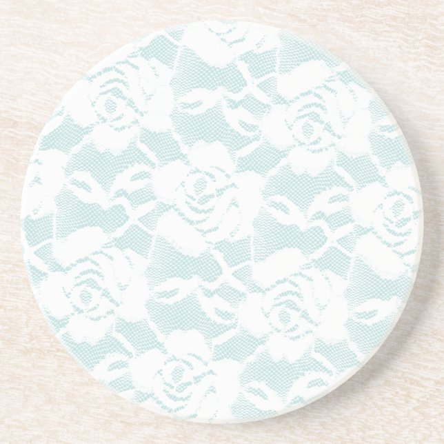 Mint White Lace Roses Floral Coaster (Front)