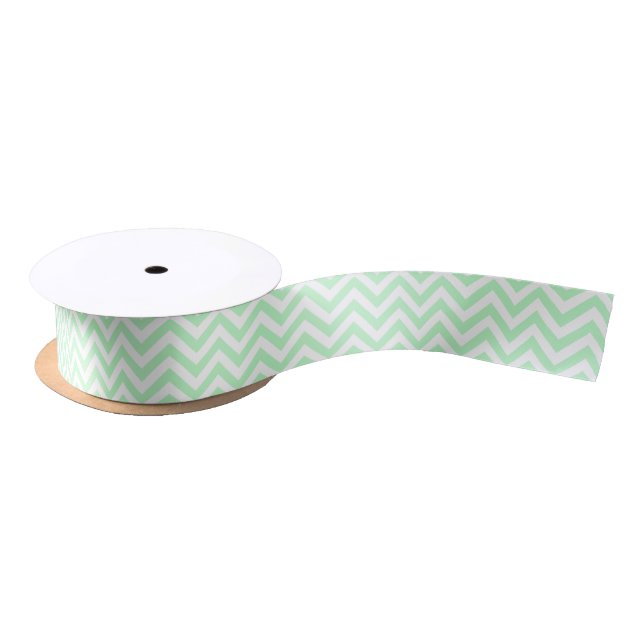 Mint White Large Chevron ZigZag Pattern Satin Ribbon (Spool)