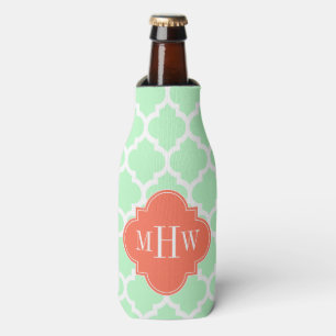 Mint White Moroccan #5 Coral 3 Initial Monogram Bottle Cooler