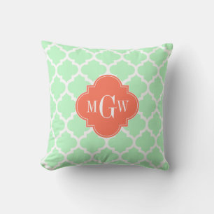 Mint White Moroccan #5 Coral 3 Initial Monogram Cushion