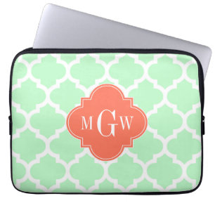 Mint White Moroccan #5 Coral 3 Initial Monogram Laptop Sleeve