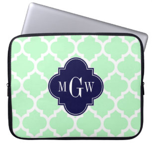 Mint, White Moroccan #5 Navy 3 Initial Monogram Laptop Sleeve