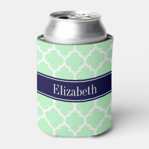 Mint White Moroccan #5 Navy Blue Name Monogram Can Cooler