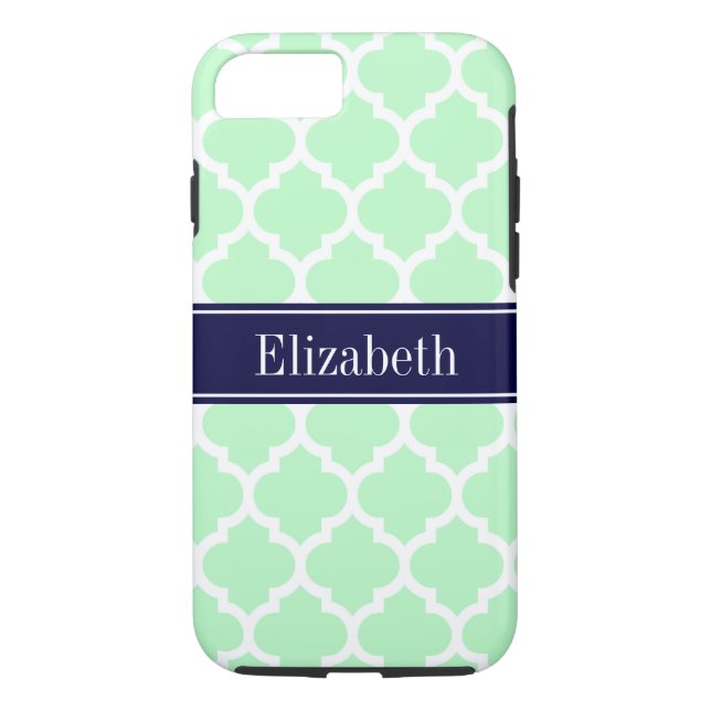 Mint White Moroccan #5 Navy Blue Name Monogram Case-Mate iPhone Case (Back)