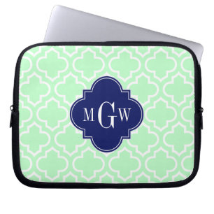 Mint White Moroccan #6 Navy 3 Initial Monogram Laptop Sleeve