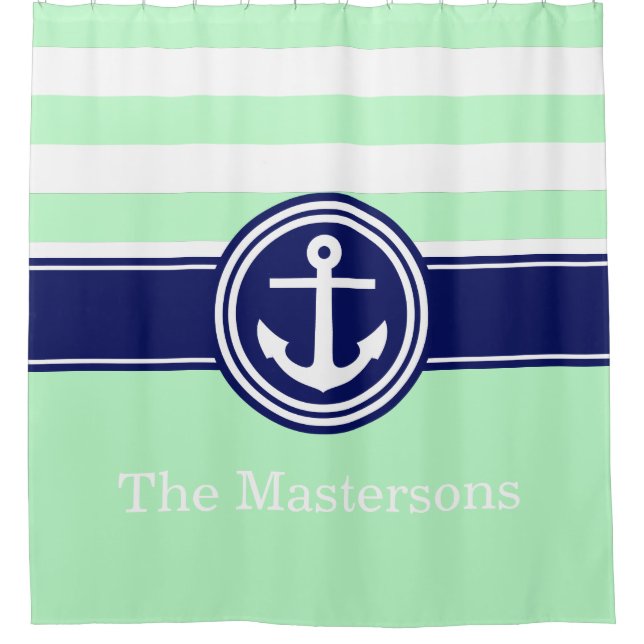 Mint White Navy Blue Nautical Stripe Anchor CB Shower Curtain (Front)