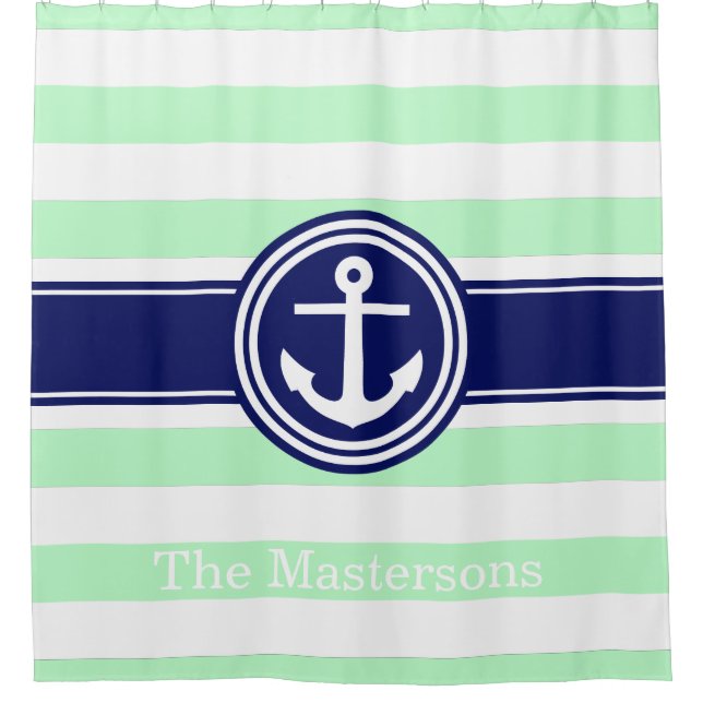 Mint White Navy Blue Nautical Stripe Anchor Shower Curtain (Front)