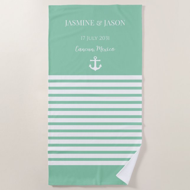 Mint White Personalised Destination Wedding Favour Beach Towel (Front)