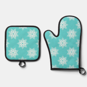 Mint White Snowflake Pattern Oven Mitt & Pot Holder Set