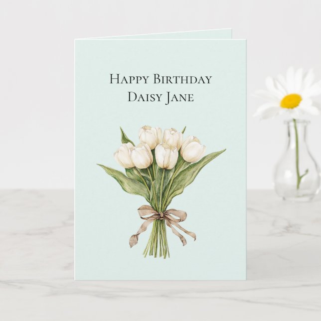 Mint White Tulip Flowers Birthday Card (Small Plant)