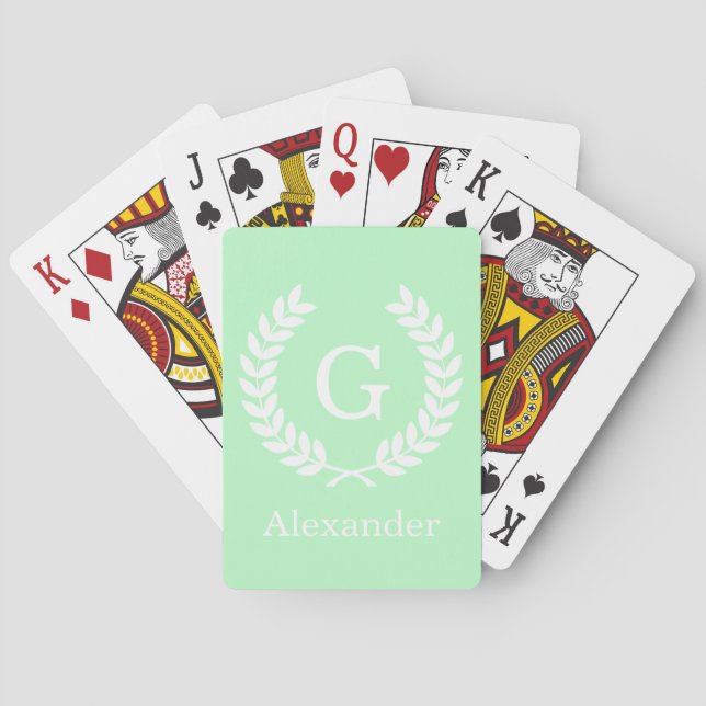Mint White Wheat Laurel Wreath Initial Monogram Playing Cards (Back)