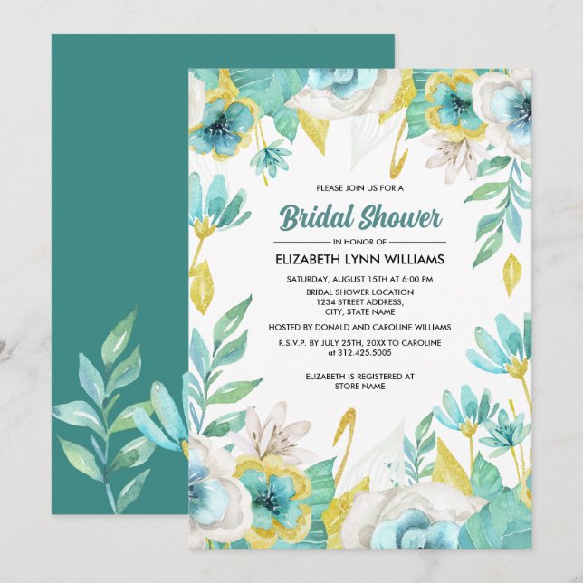 Mint White Yellow Floral Watercolor Bridal Shower  Invitation (Front/Back)