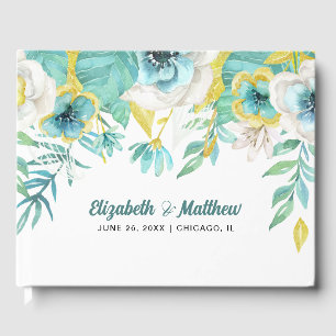 Mint White Yellow Floral Watercolor Wedding Guest Book