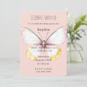 Mint White Yellow Pink Teal Butterfly Birthday Invitation