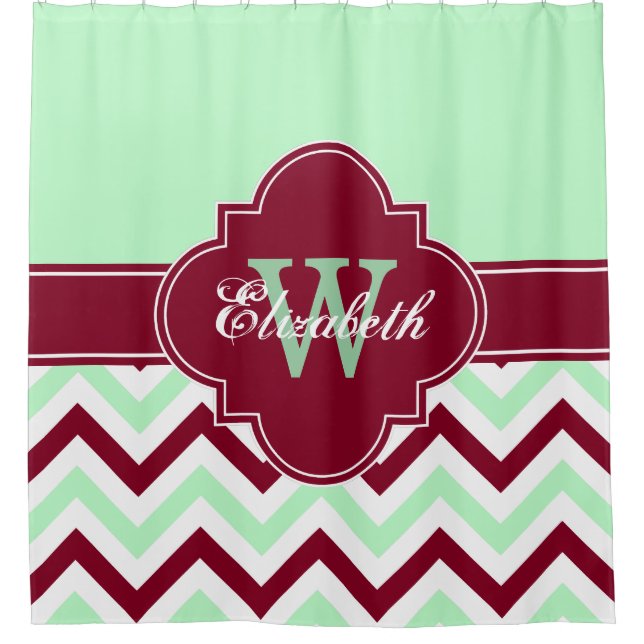 Mint Wht Burgundy LG Chevron 1ICBR Name Monogram Shower Curtain (Front)