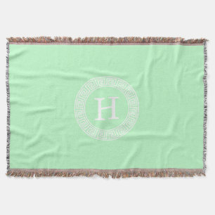 Mint Wht Greek Key Rnd Frame Initial Monogram Throw Blanket