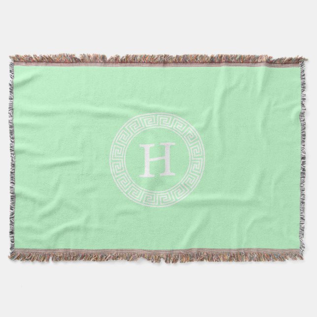 Mint Wht Greek Key Rnd Frame Initial Monogram Throw Blanket (Front)