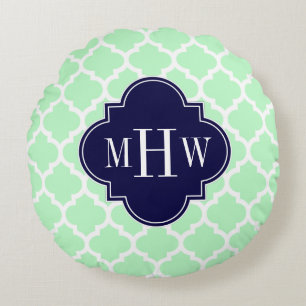 Mint Wht Moroccan #5 Navy Blue 3 Initial Monogram Round Cushion