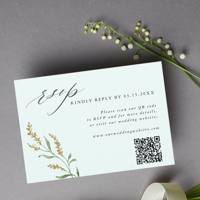Mint Wildflower Elegant Wedding QR Code RSVP Card (Creator Uploaded)