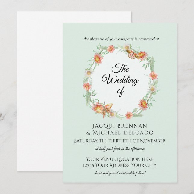 Mint Willow Coral Butterfly Floral Wreath Wedding Invitation (Front/Back)