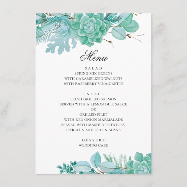 Mint winter floral wedding. Watercolor succulents Menu (Front)