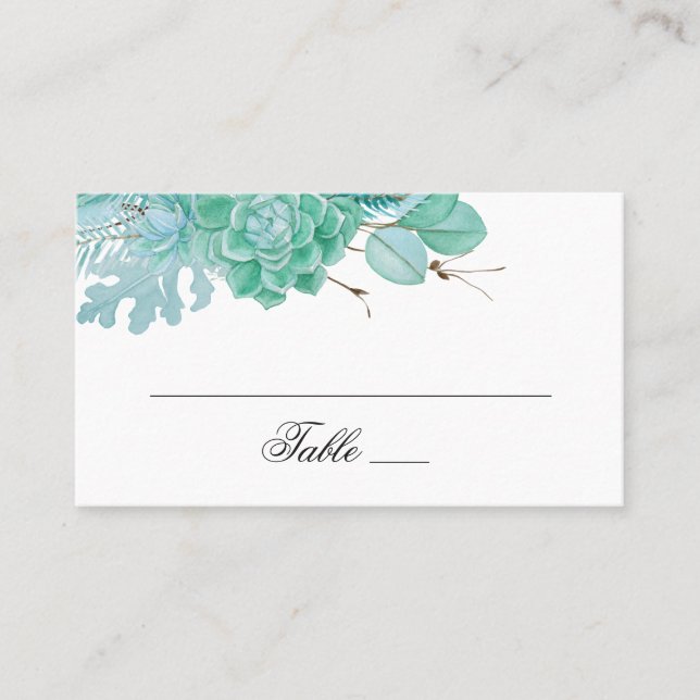 Mint winter floral wedding. Watercolor succulents Place Card (Front)