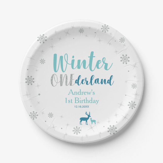Mint Winter Onederland Boy 1st Birthday Party Paper Plate (Front)