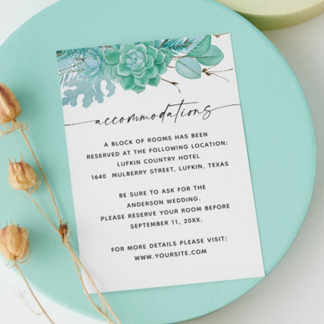 Mint winter succulents wedding accommodations enclosure card (Creator Uploaded)