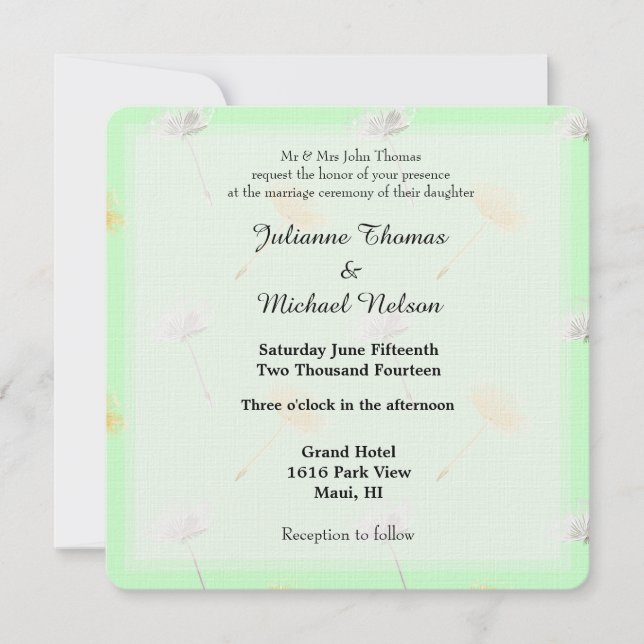 Mint Wishes Dandelion Flowers Wedding Invitation (Front)